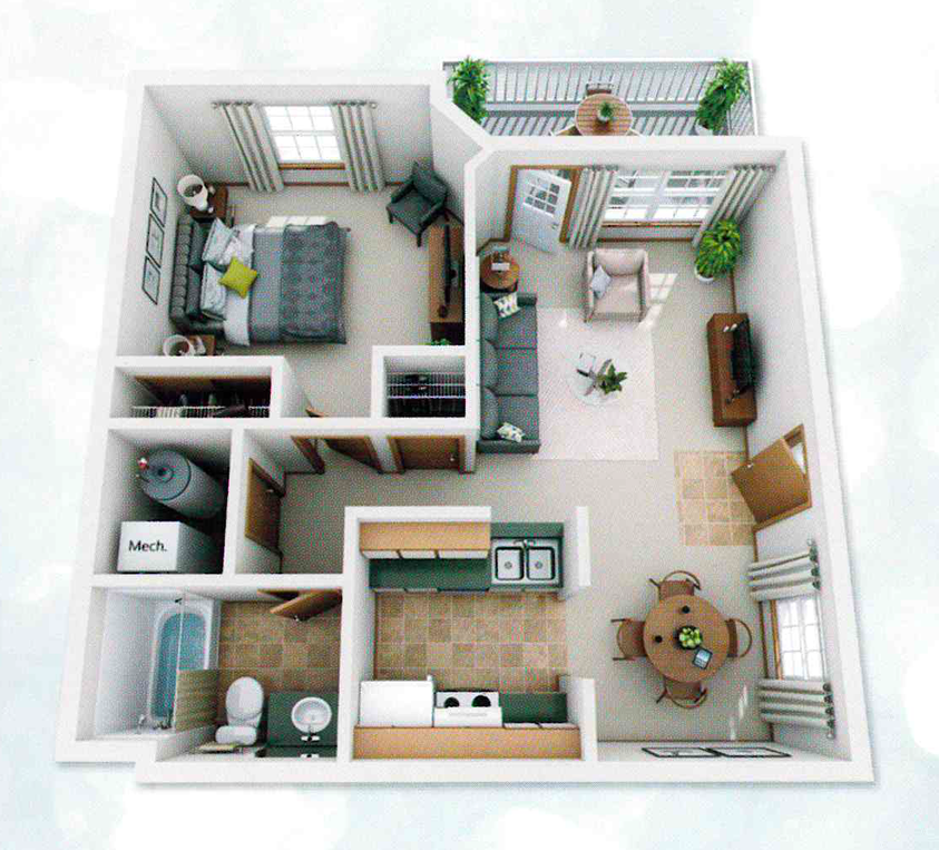 Floor Plan: 1 Bed · 1 Bath · 633 SQ. FT.