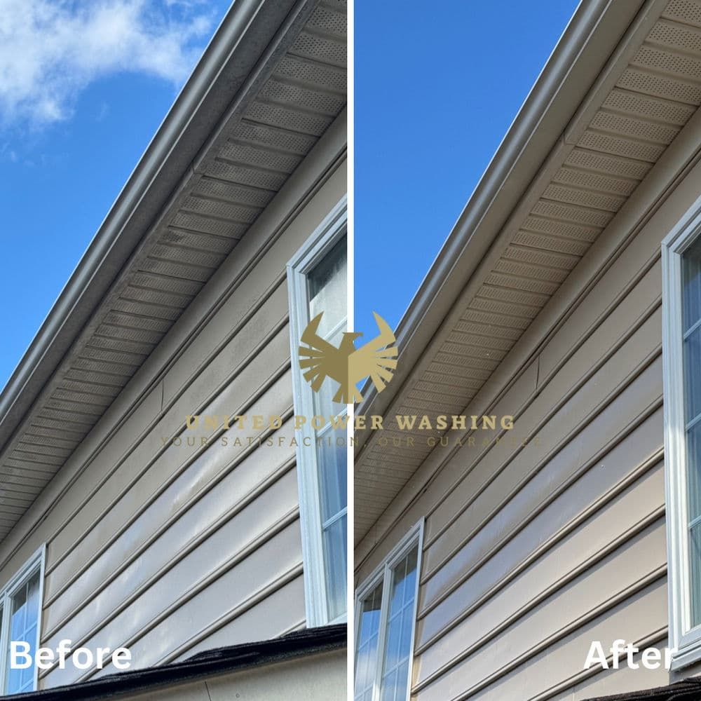 Before and after exterior house washing. Beige siding cleaned, sky background.