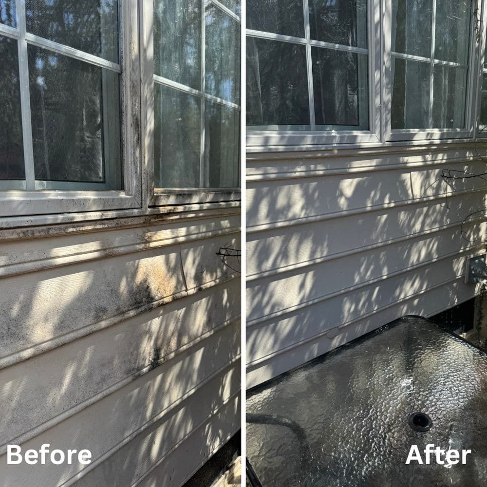 Before and after exterior house cleaning. Dirty siding is cleaned, looking refreshed.