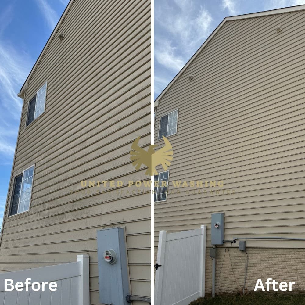 Side-by-side comparison: Power washed house siding. Before: dirty; After: clean. Beige siding, white fence, clear sky.