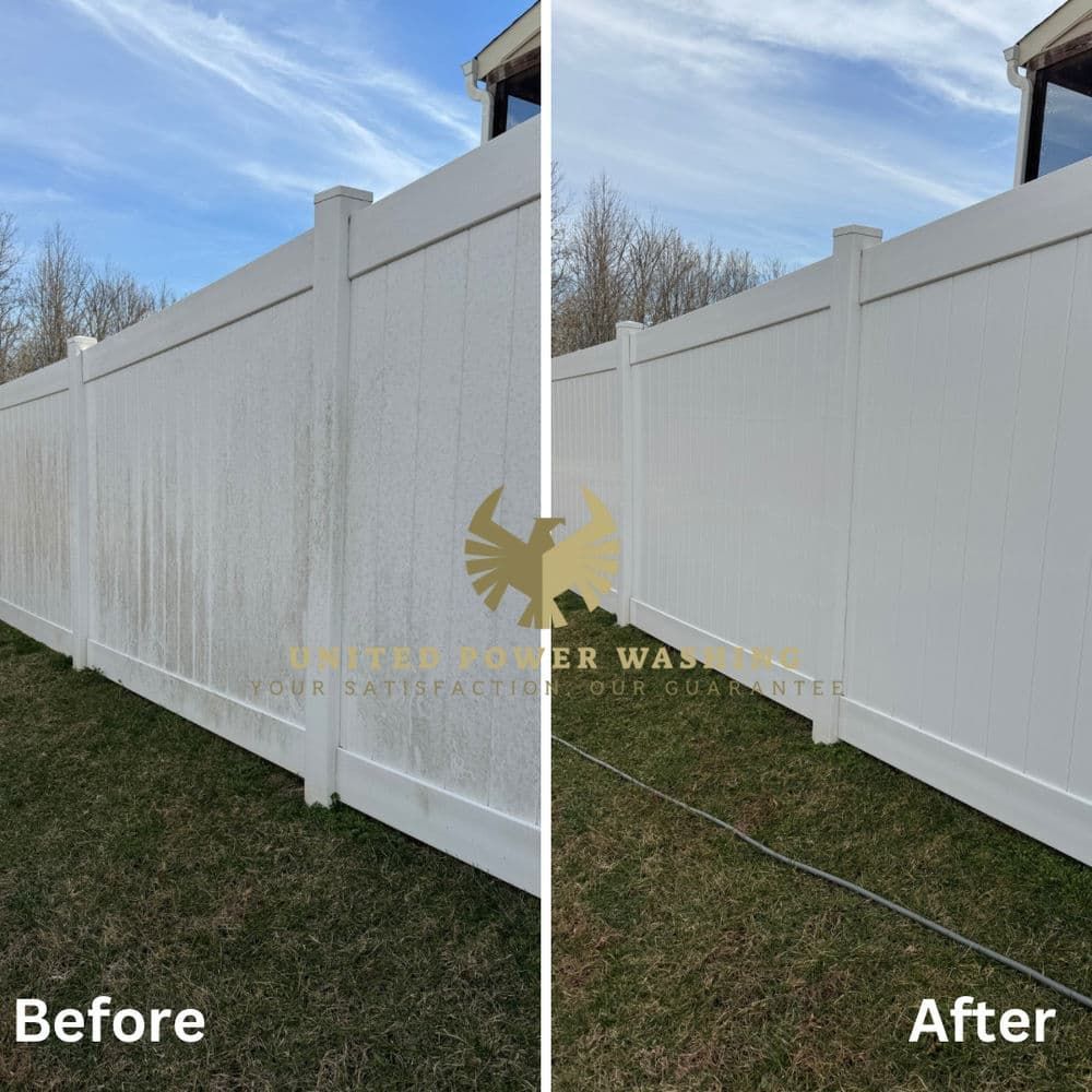 Before-and-after of a white vinyl fence cleaned with pressure washing; removing dirt and algae.