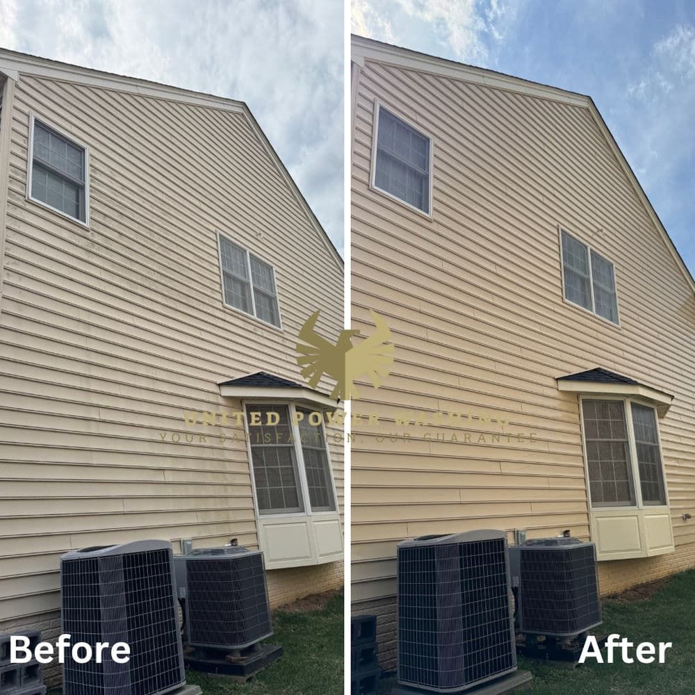 Side-by-side comparison of a house's beige siding before and after cleaning. The 