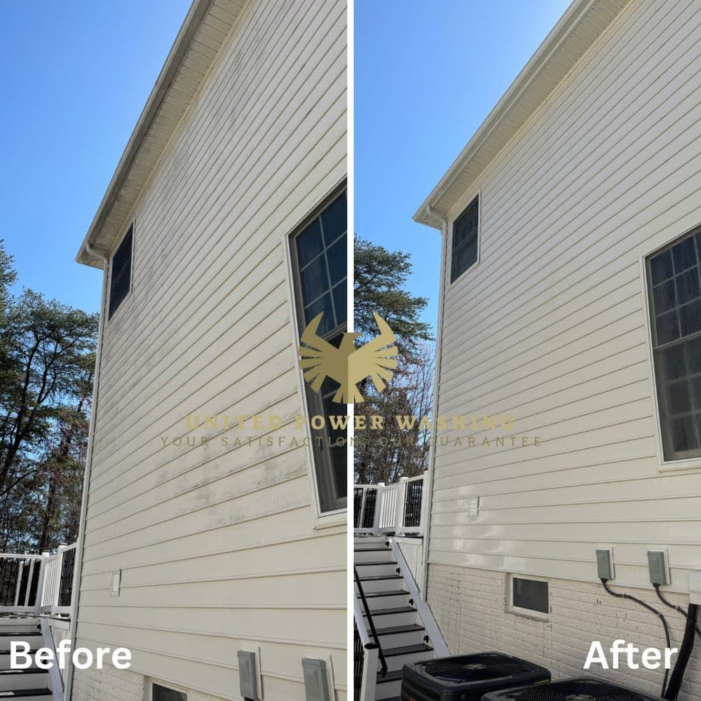 Before and after comparison of a house's siding cleaned, showing significant stain removal and brightening.
