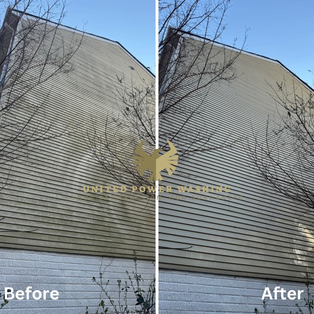 Side-by-side comparison of a house's siding, before and after power washing; showing dirt removal.
