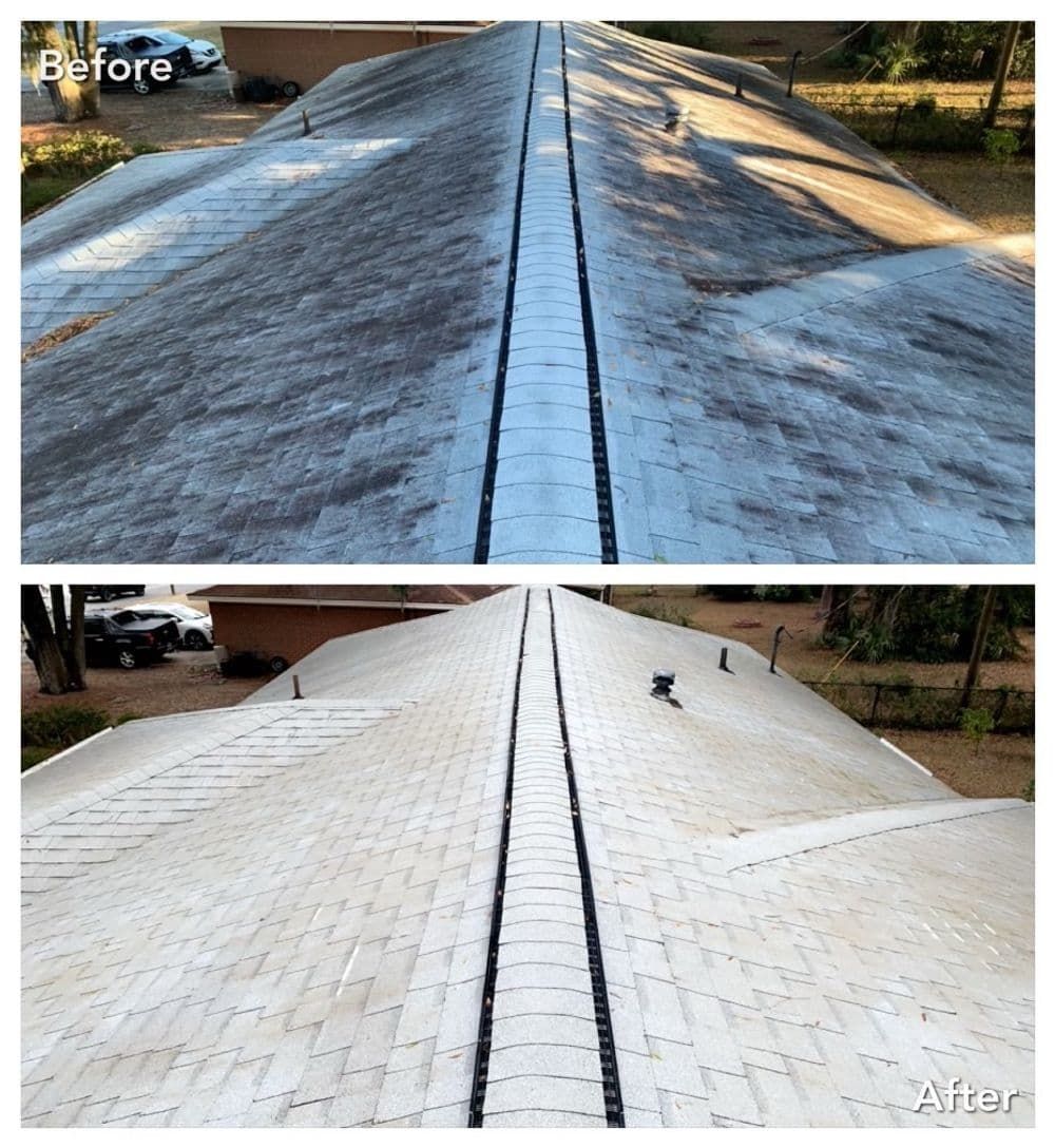 Before and after photos of a roof cleaning; top shows a dirty roof, bottom shows a clean roof.