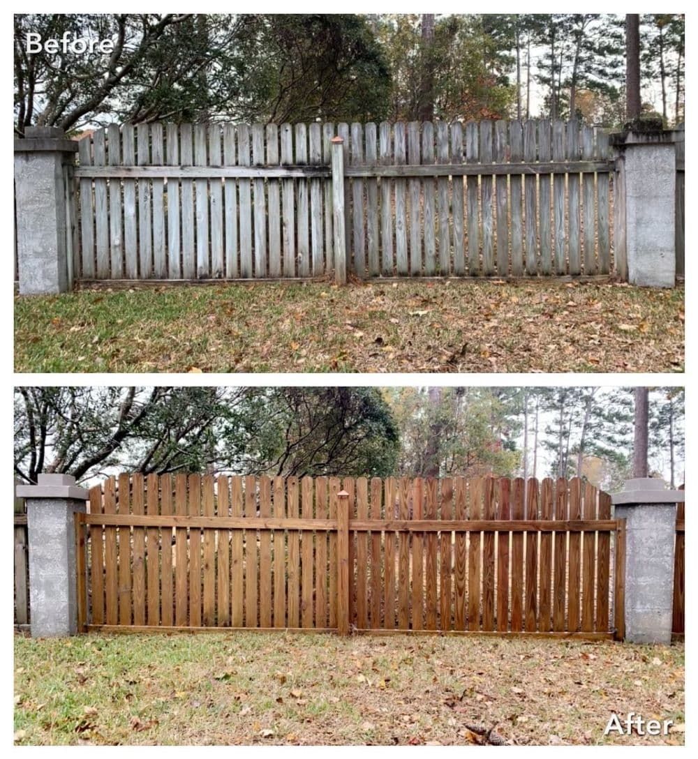 Before and after of a stained wooden fence, showing the transformation from faded gray to rich brown.