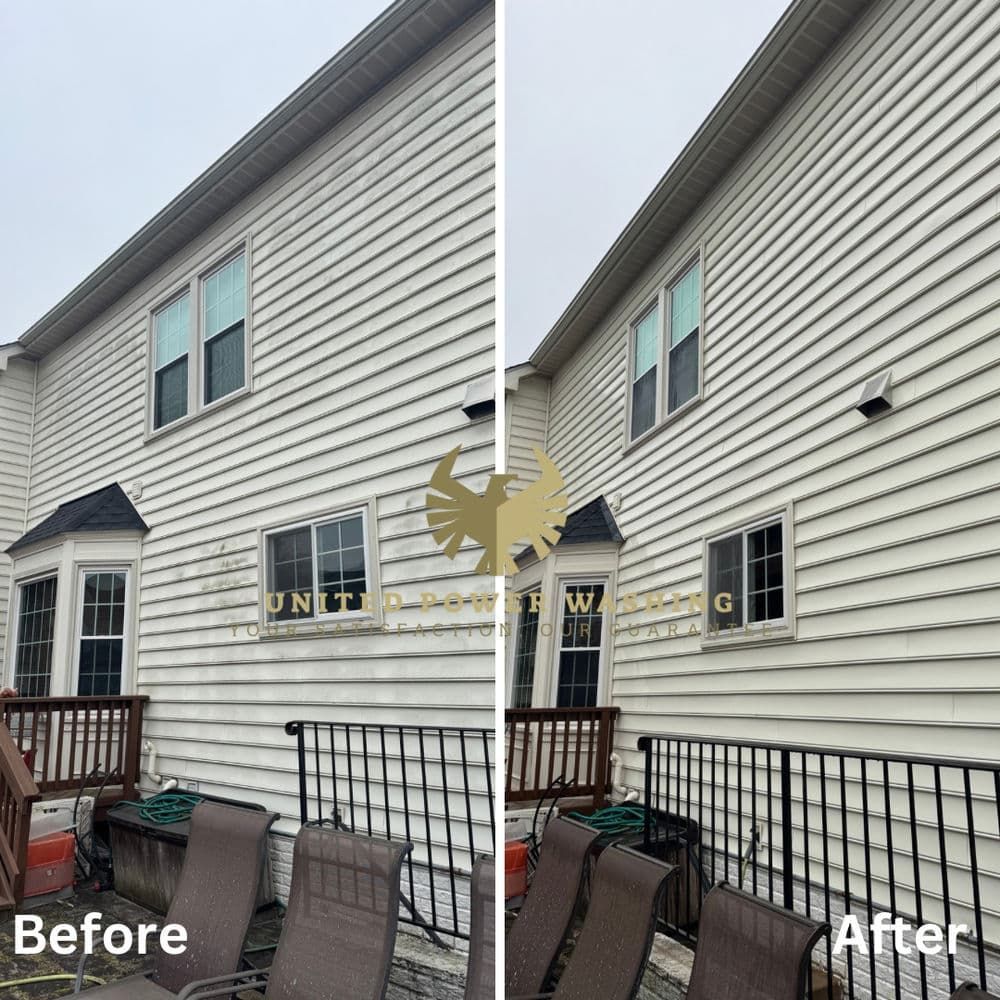 Before and after of a house siding cleaning. White siding cleaned, revealing the contrast.