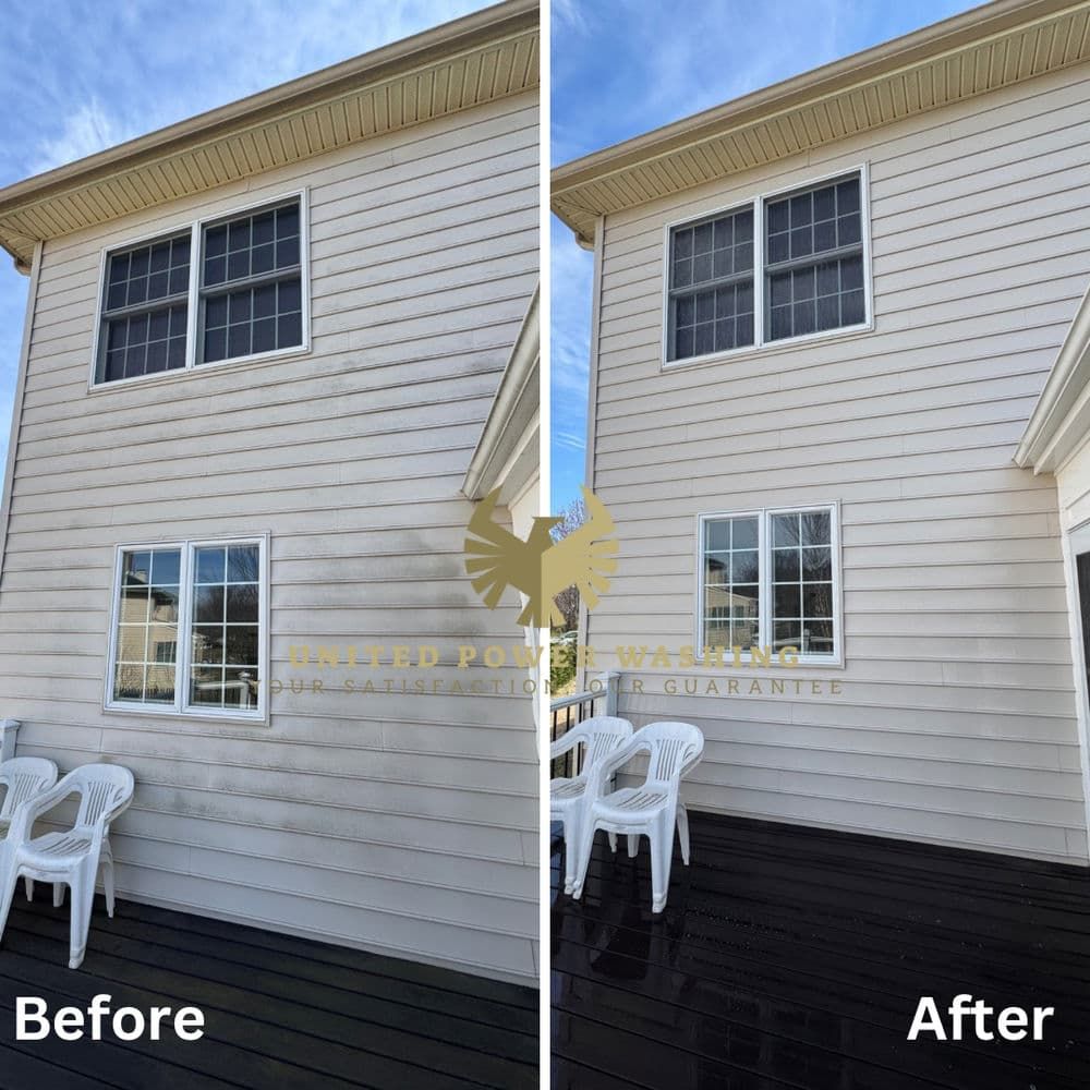 Before and after exterior house cleaning. Beige siding with dirty and clean areas, a black deck, and windows.