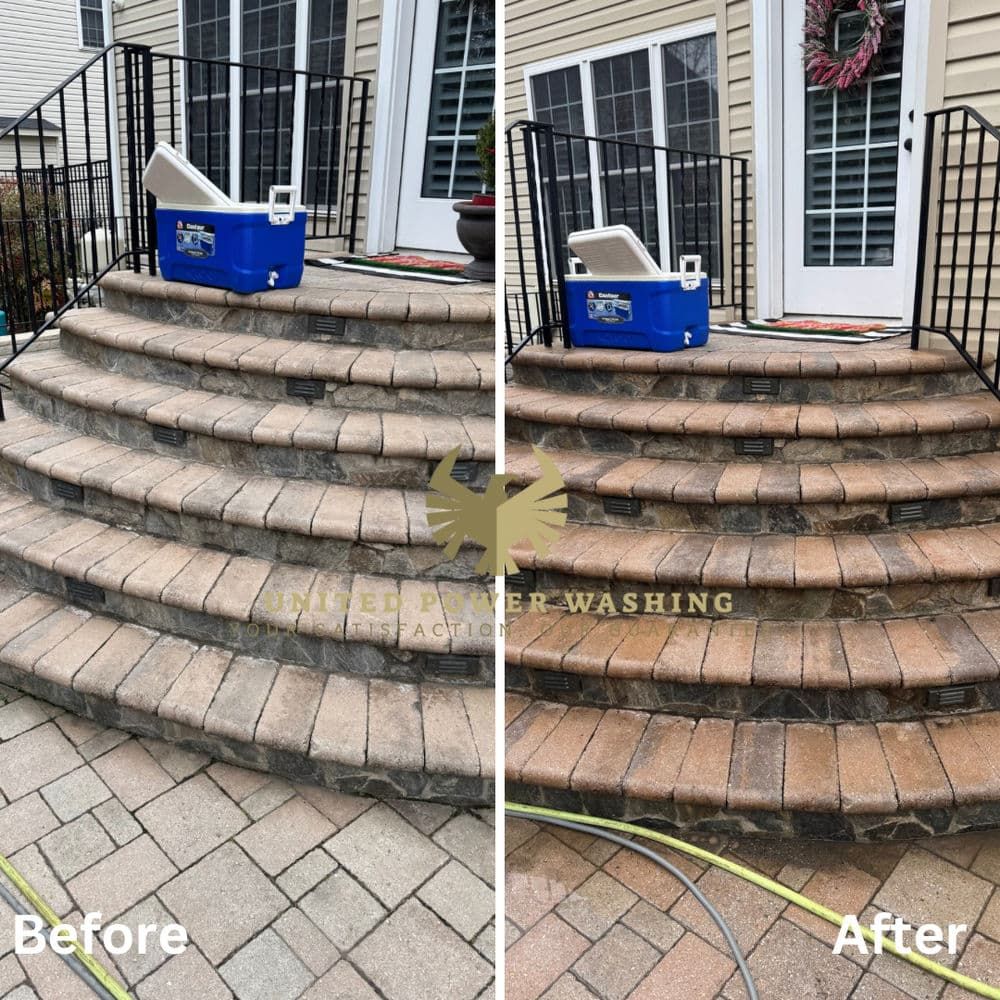 Before and after of a brick patio and steps cleaning. Bricks are now a reddish-brown color.