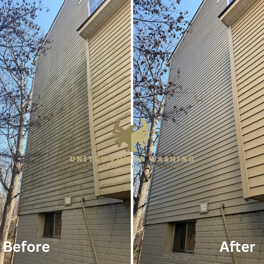Side-by-side view of a home's siding, showing a before and after cleaning. The siding appears clean after washing.