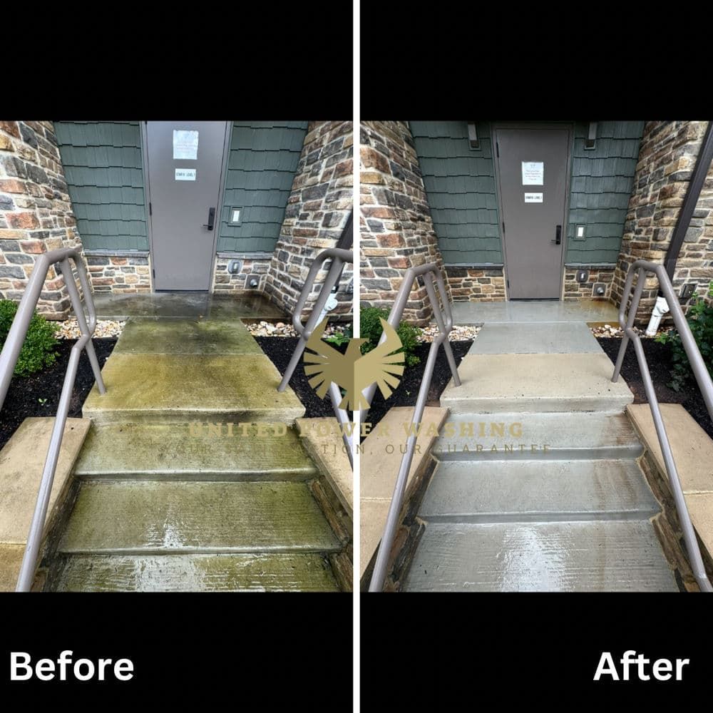Before-and-after of concrete steps cleaned with power washing; shows significant removal of dirt and grime.