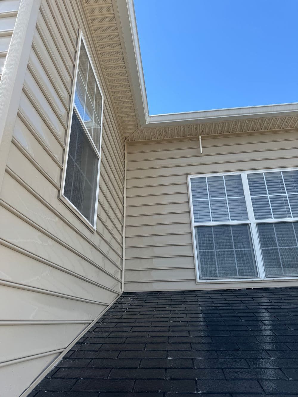 Tan house siding with windows, black roof, and blue sky.