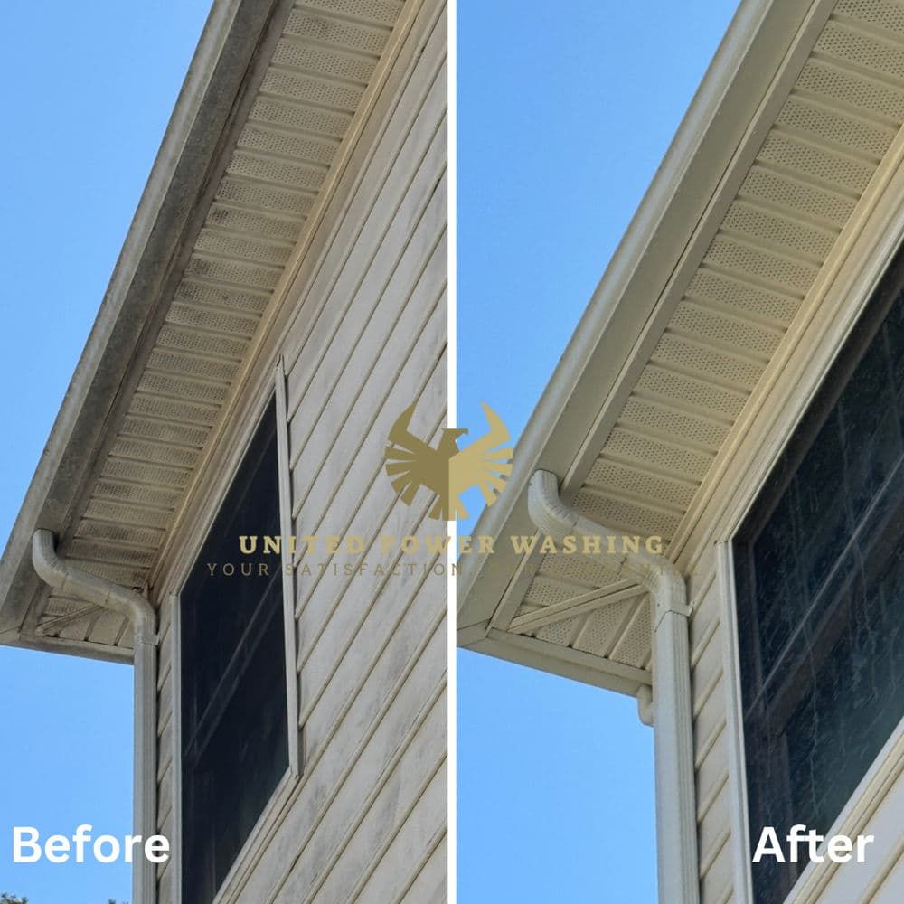 Before and after of a house siding cleaning. Shows dirty and clean siding with gutters, window, and blue sky.