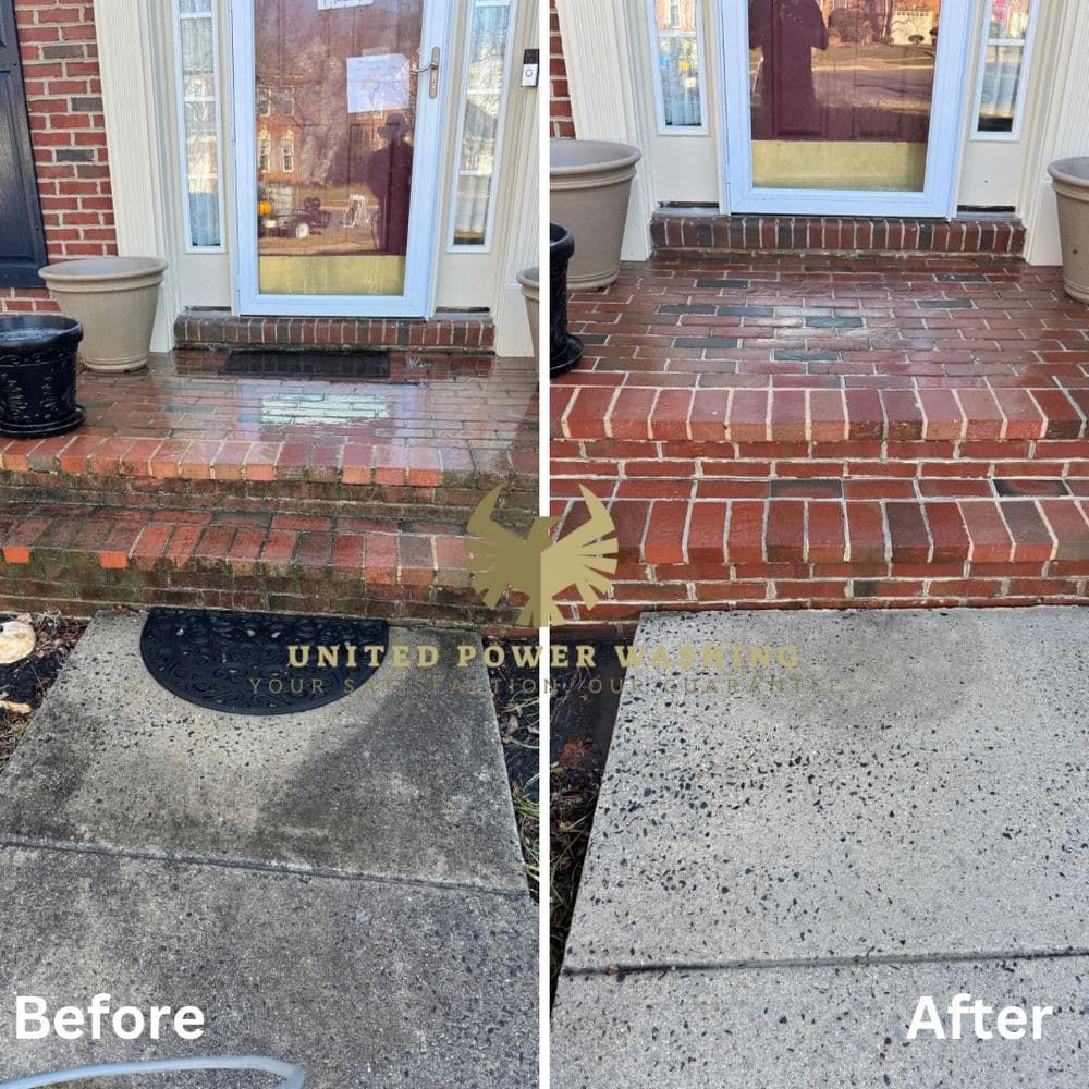 Before and after power washing: Red brick porch and concrete walkway, cleaned and brightened.