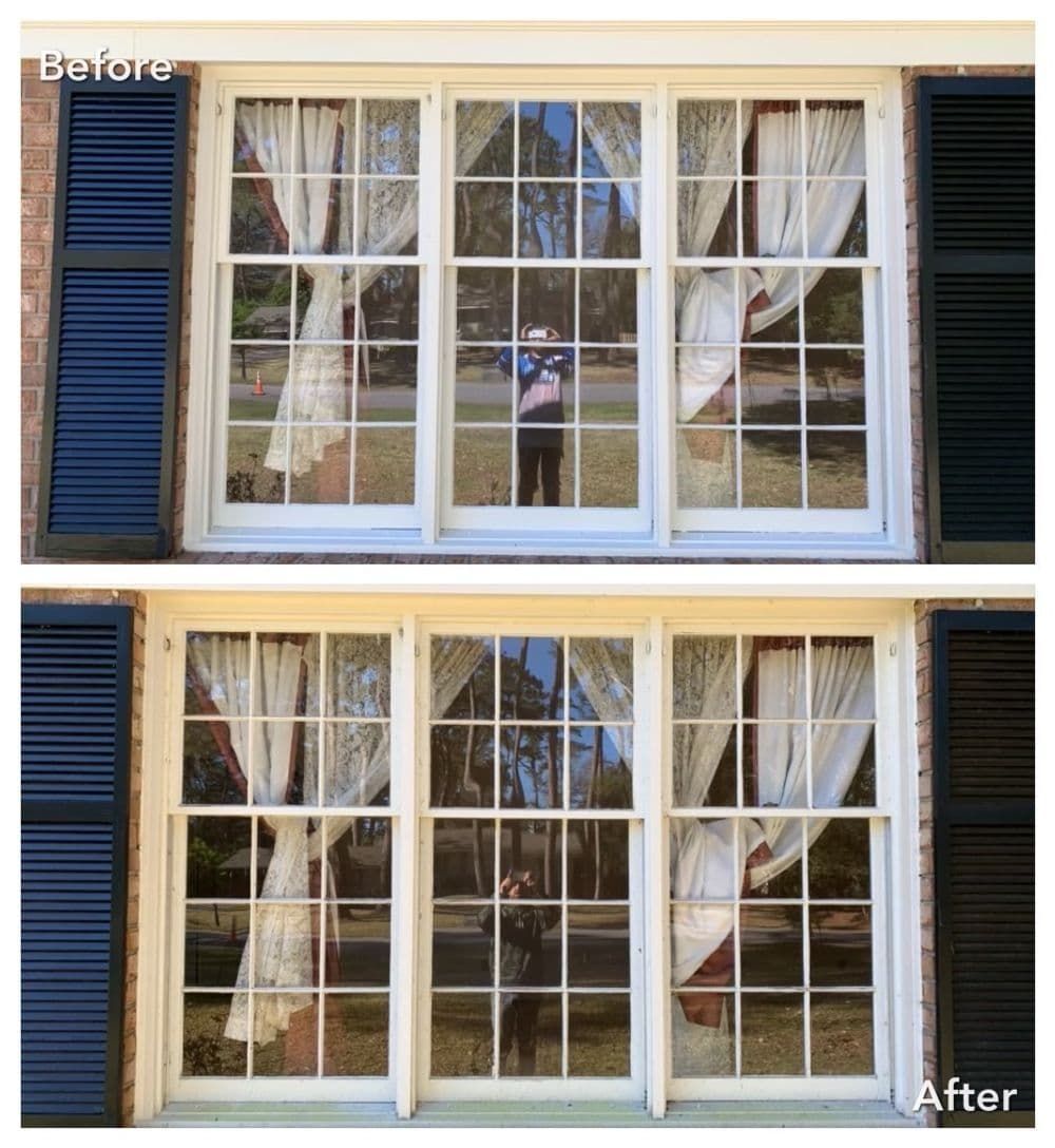 Before/after photos of a white window. The 