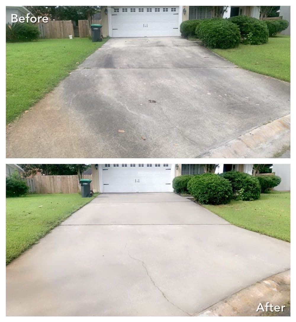 Driveway before and after power washing: removing dirt, revealing clean concrete.