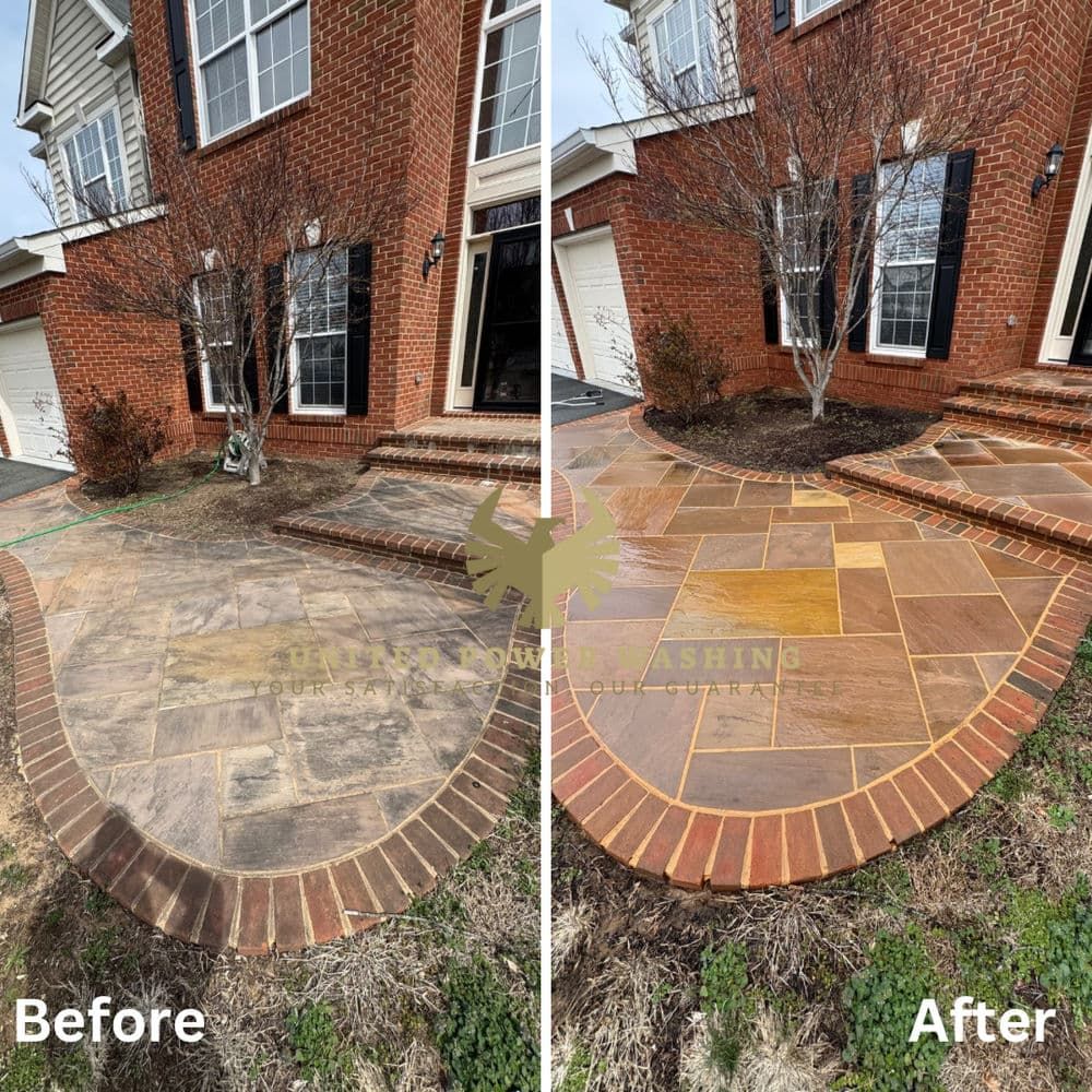 Before and after of a brick and stone patio cleaning.