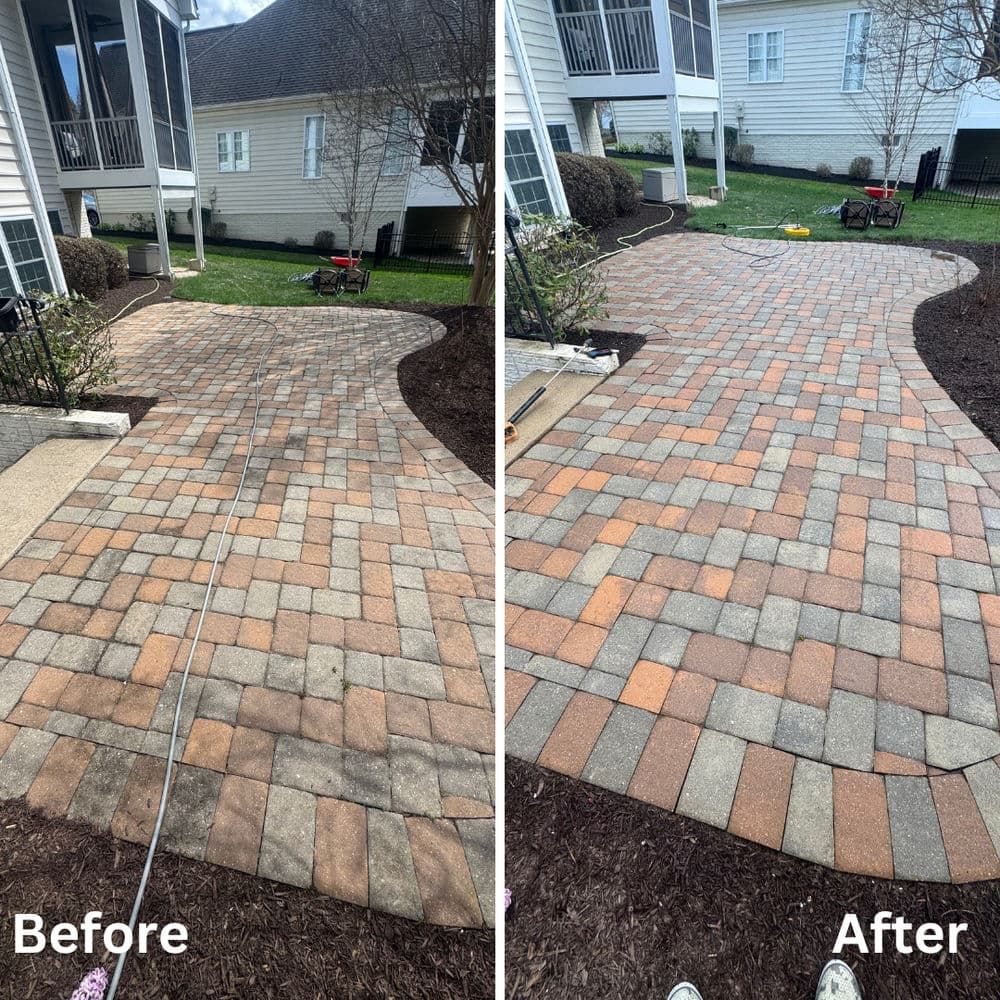 Before and after of a brick patio cleaned with a pressure washer.