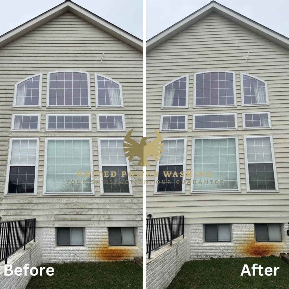 Before and after of a house exterior cleaning; siding, windows, and brick cleaned.