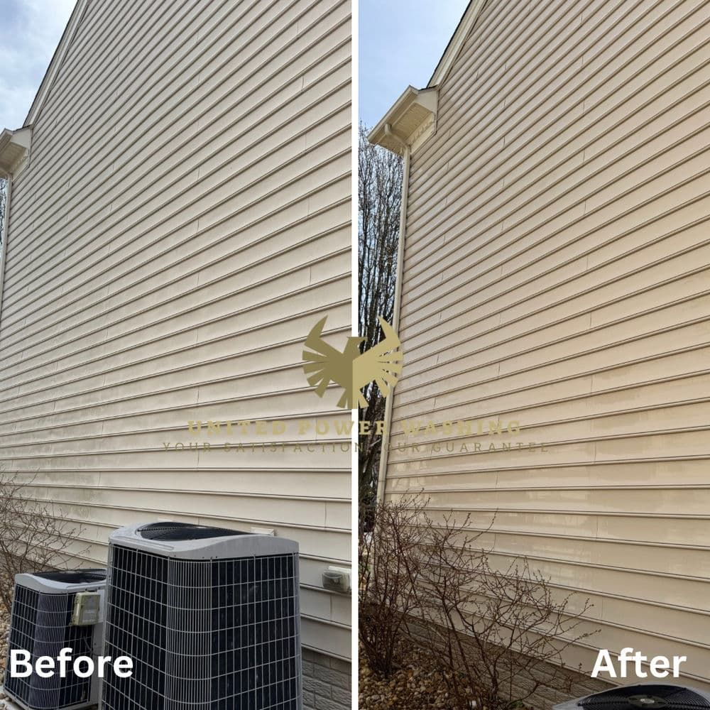 Side-by-side comparison: before and after power washing siding. Beige house, air conditioning unit, and bare bushes.