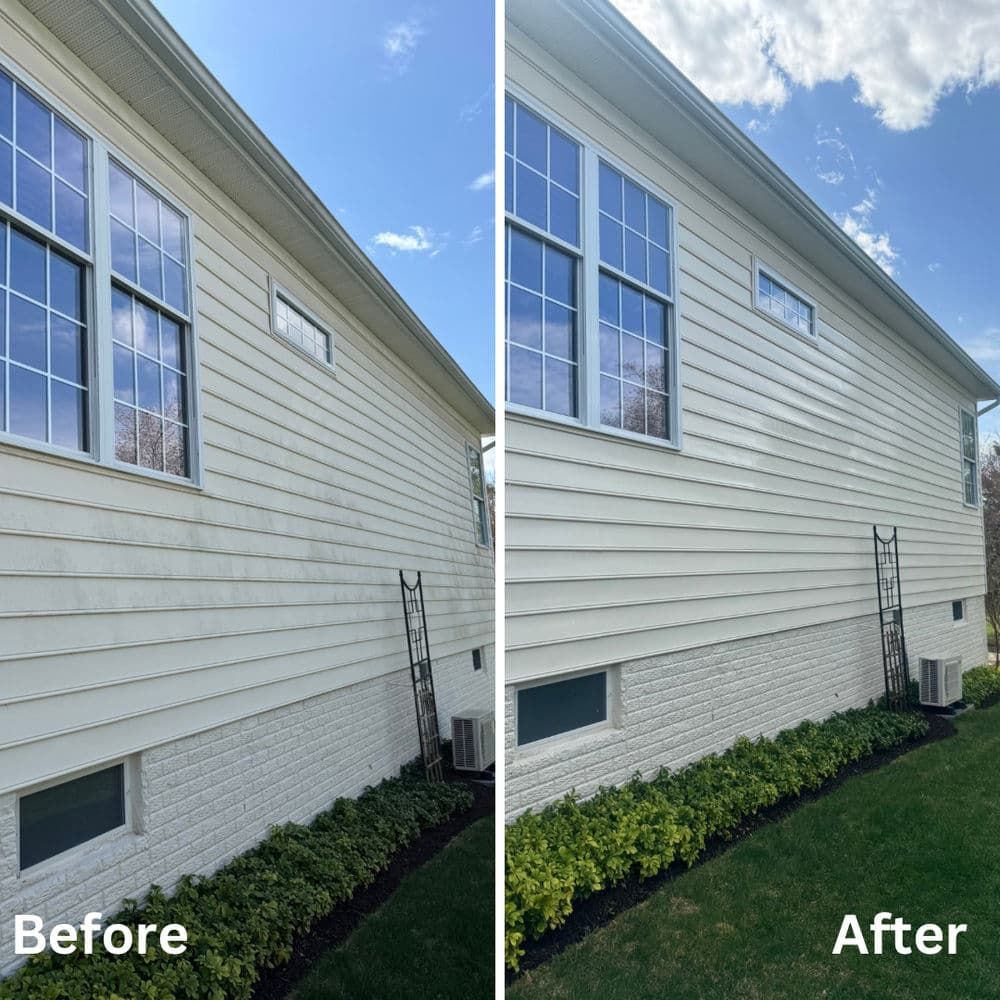 Before and after of a white house siding cleaning; revealing brighter, cleaner facade.