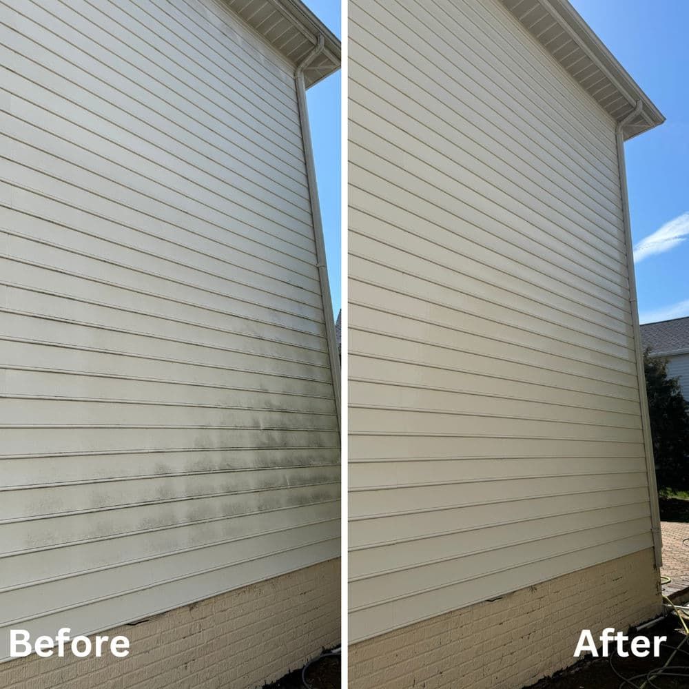 Side of a house: before and after power washing. The siding is now clean and lighter.