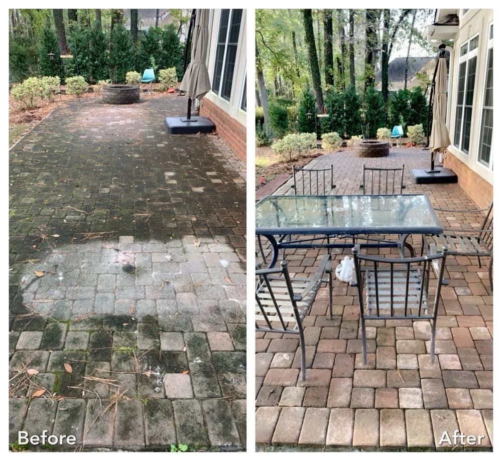 Before and after of a brick patio cleaning. Left is dirty, right is clean with patio furniture.