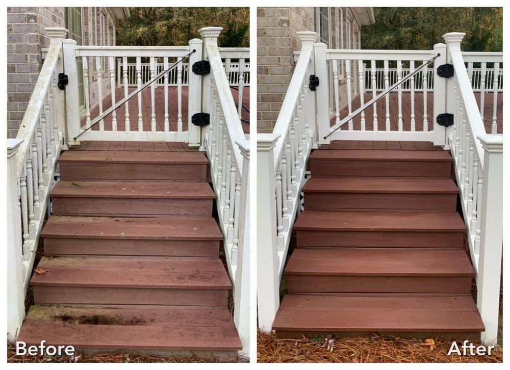 Before-and-after of wooden outdoor steps. The 