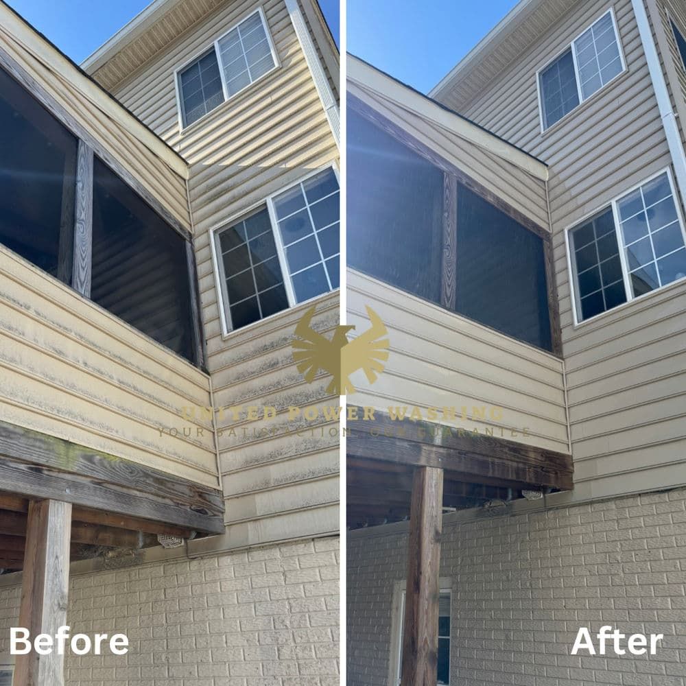 Comparison of a house exterior before and after pressure washing; shows the removal of dirt and grime from siding.
