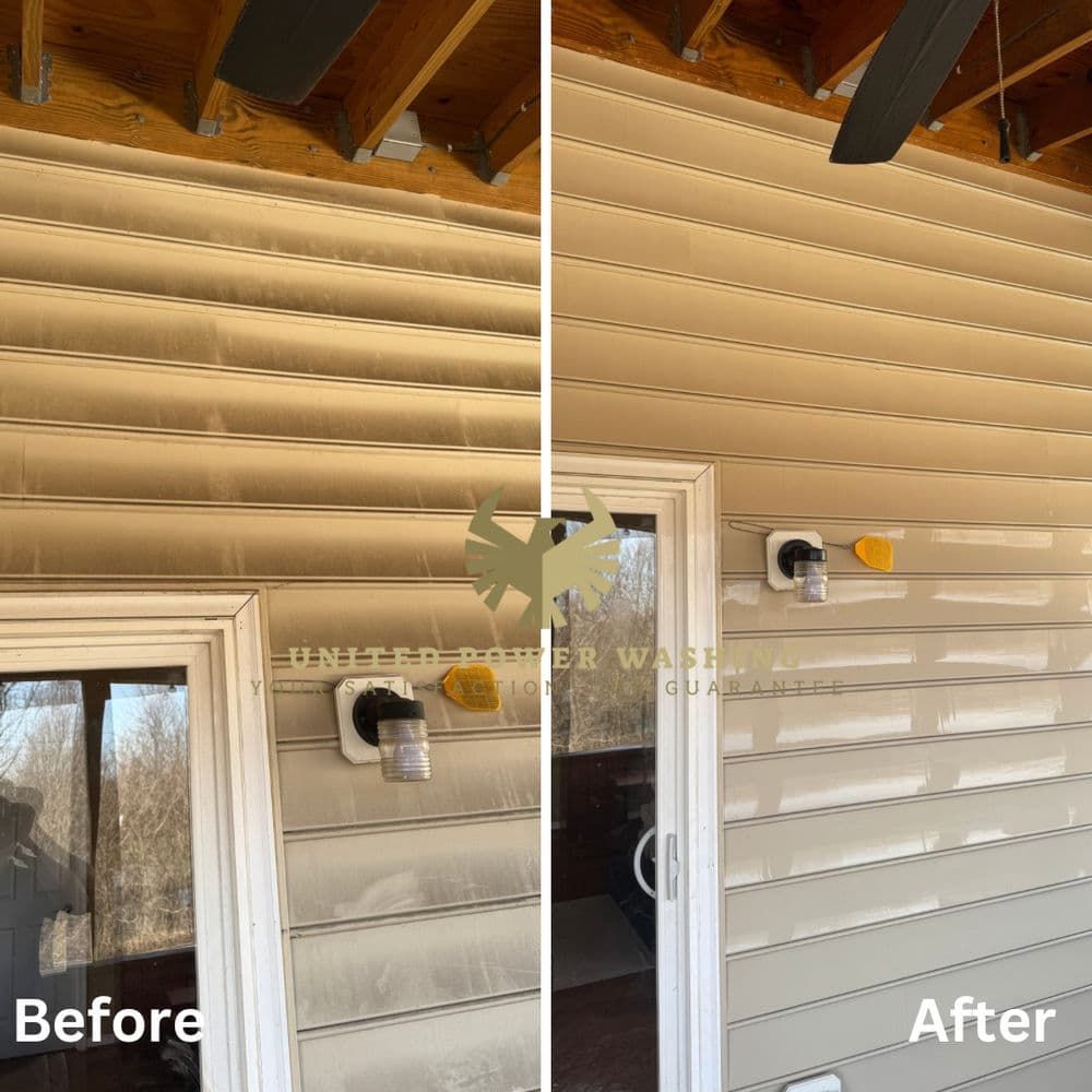Side-by-side view: Before and after power wash cleaning of beige siding near a door and window.