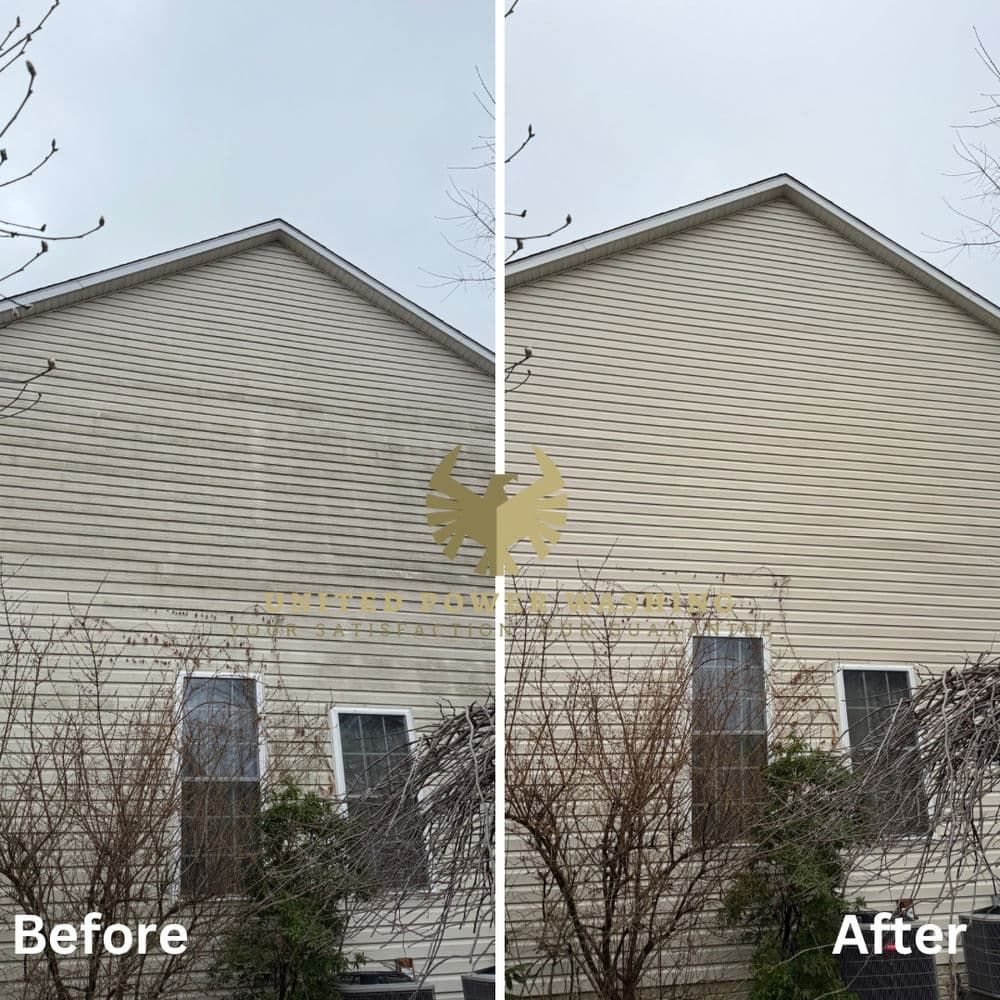 Before and after comparison of a house's siding. The left side shows dirty siding, the right side clean after washing.