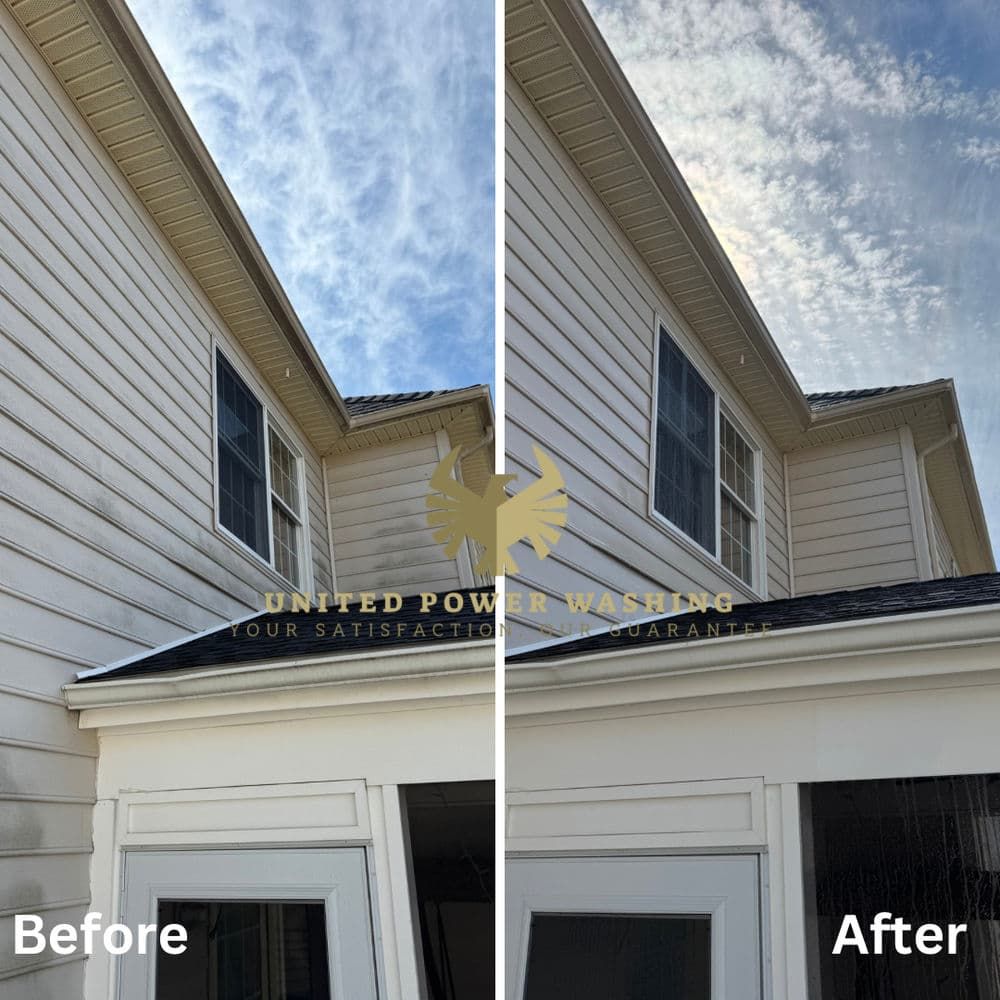 Side-by-side comparison of a house exterior: before and after power washing.