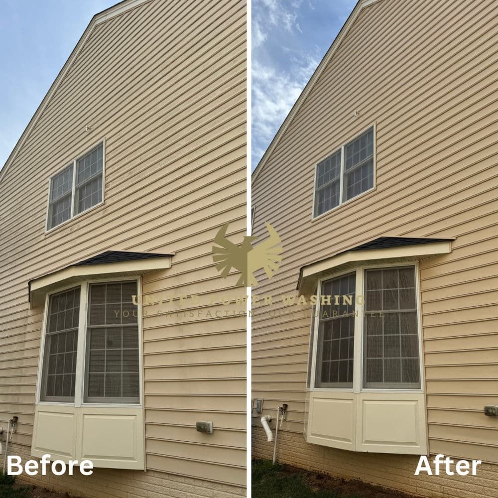 Side-by-side comparison: Before and after power washing of a tan house exterior. The “after” is noticeably cleaner.