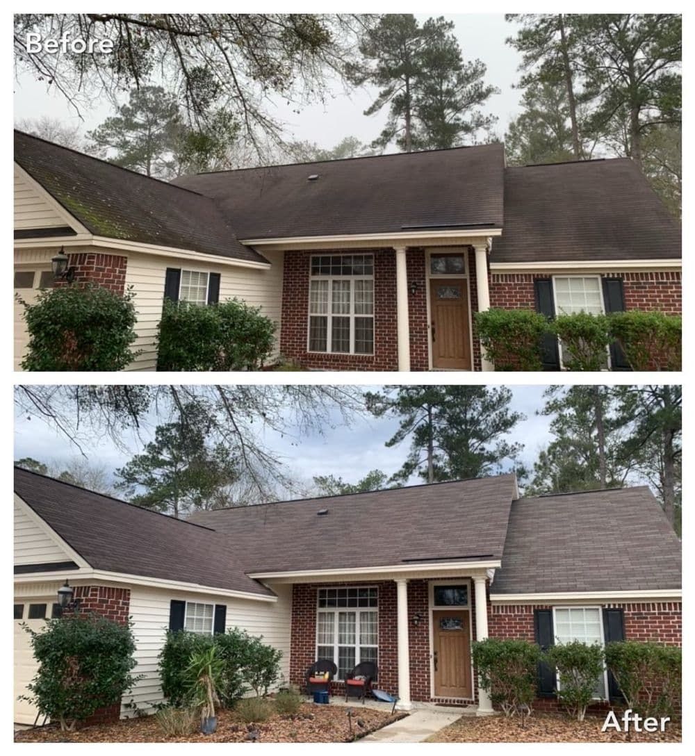 Before and after of a house roof cleaning. Top image shows dirty roof, bottom shows clean roof.