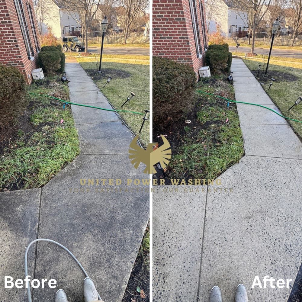 Sidewalk before and after power washing, showing a dramatic cleaning result.