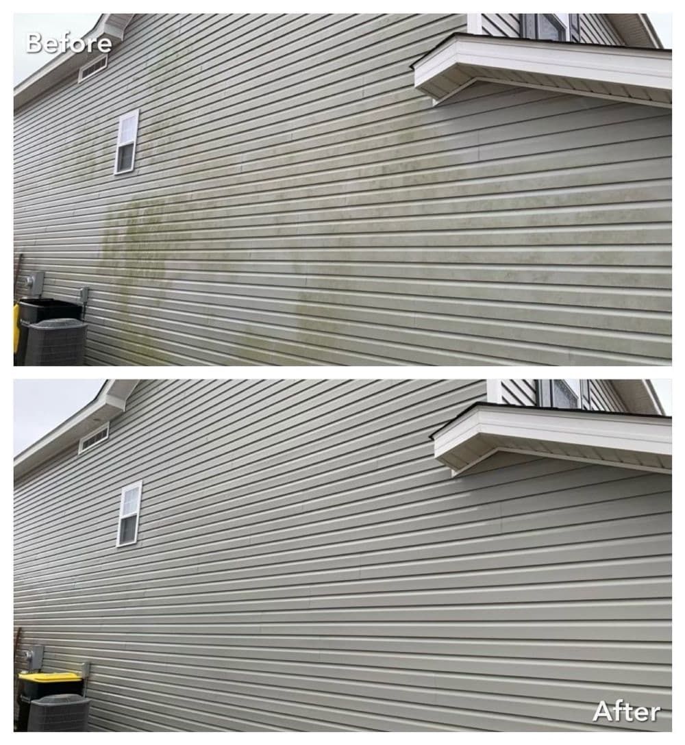 Before and after of a house's siding, the before shows green algae, after is clean and gray.