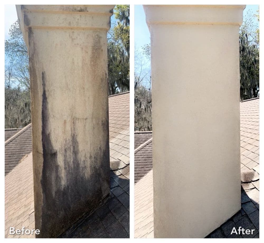 Before and after photos of a chimney cleaning: dirty chimney on the left and a clean chimney on the right.