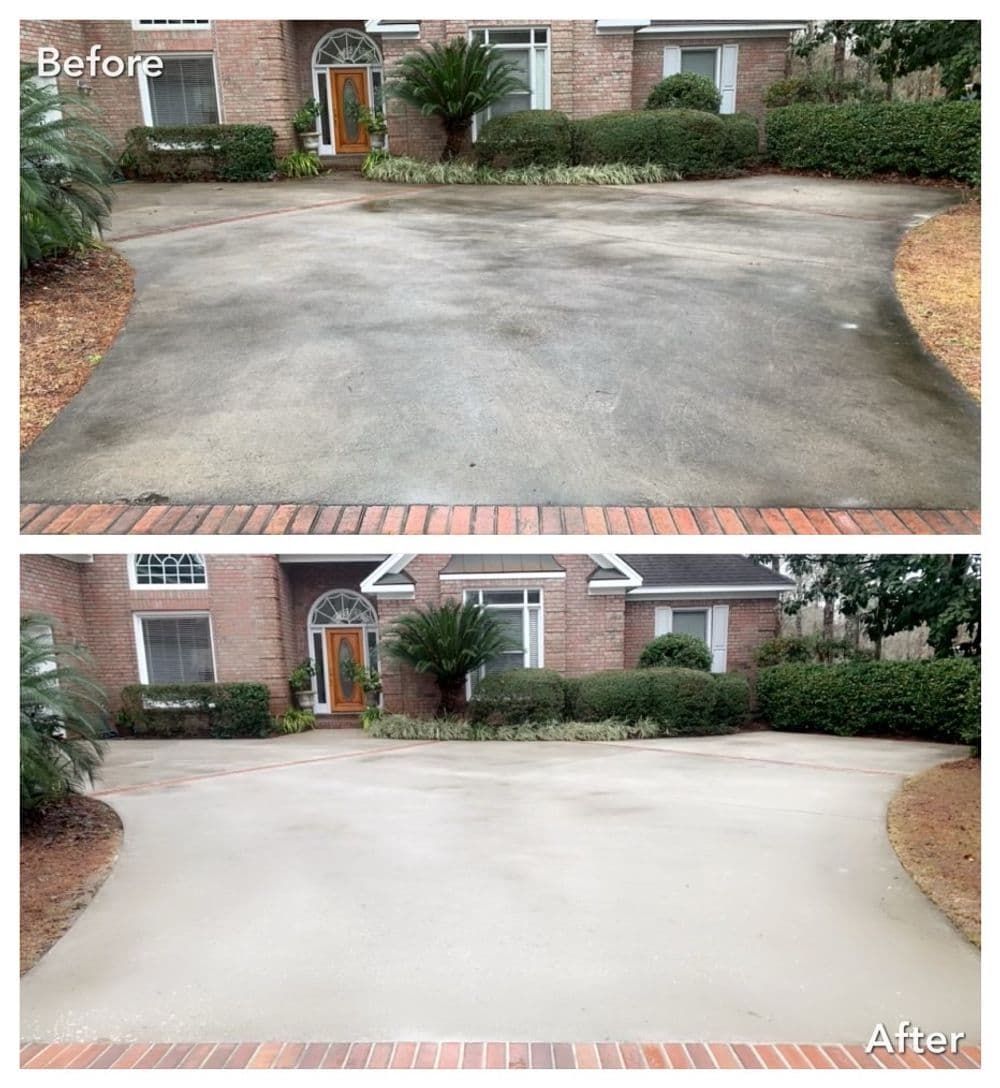 Before and after photos of a driveway cleaning; dark and stained to a clean, light grey.