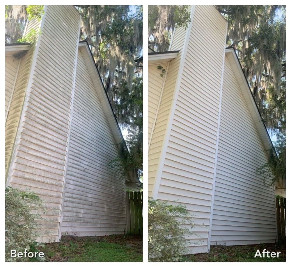 Before-and-after of a house's side, showing how power washing removes dirt, revealing clean white siding and chimney.