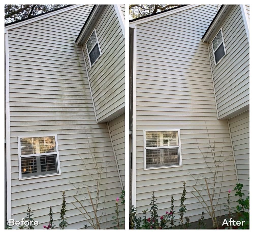 Side-by-side comparison: dirty and cleaned siding of a two-story house, showing before and after power washing.