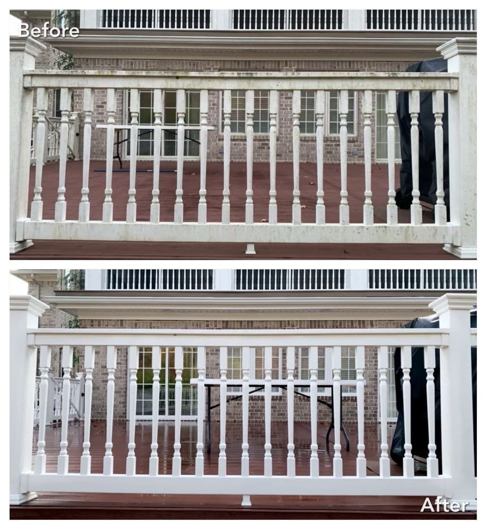 Before and after photos of a white deck railing cleaned of dirt and grime.