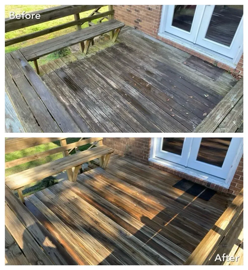 Before and after shots of a wooden deck: before is weathered, after is cleaned and stained.