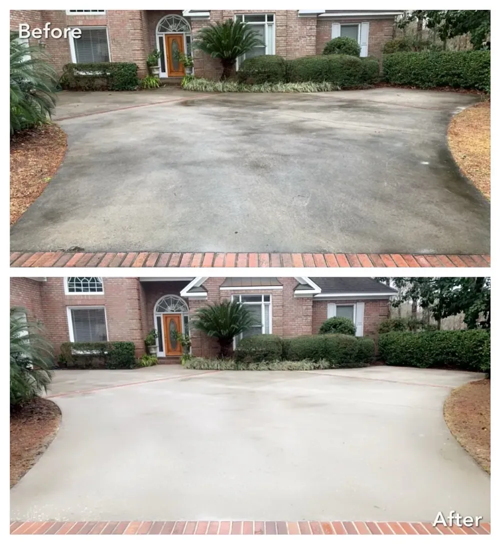 Before and after view of a driveway power washed clean; house in background.