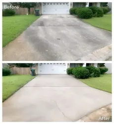 Before and after of a driveway; the before is dirty and the after is clean, reflecting a power wash.