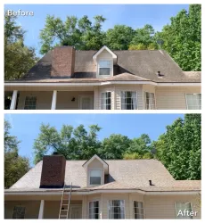 Comparison of a house roof before and after cleaning. The roof is brown; the chimney is brick.