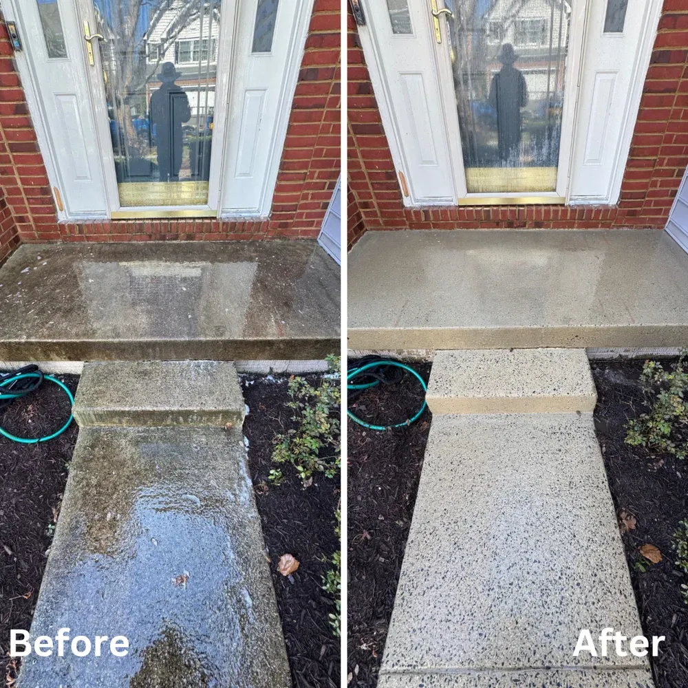 Comparison of a before and after power wash on a front porch and walkway; gray concrete is clean.