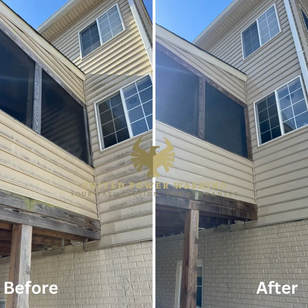 Comparison of house exterior before and after cleaning. Yellow siding, windows, and brick foundation are visibly cleaner.