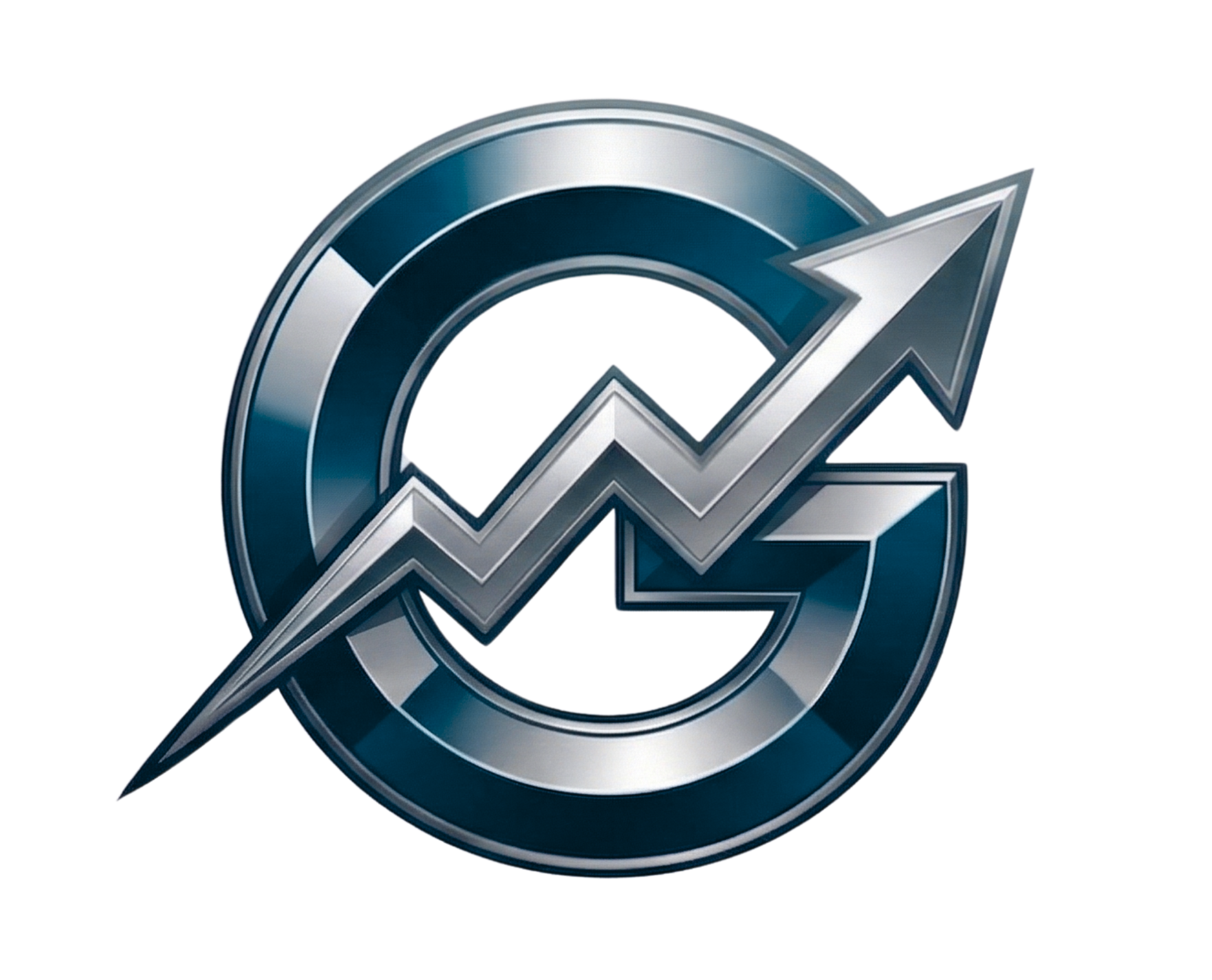 A metallic logo featuring a silver letter G integrated with an upward-trending zigzag arrow against a dark blue circular rim.