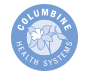 The logo for columbine health systems is a blue circle with a flower in the middle.
