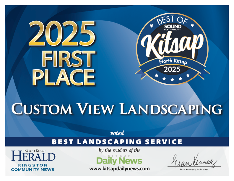 2025 First Place award graphic for Custom View Landscaping, Best of Kitsap, blue and gold banner